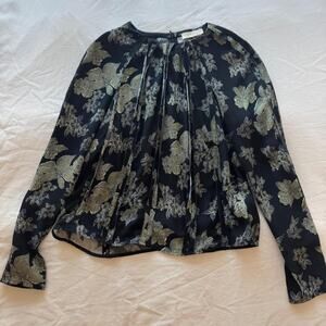 Ulla johnson black gray floral viscose blouse with tie front